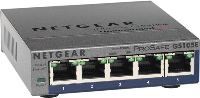 Switch NETGEAR GS105E, 5x 10/100/1000 Prosafe PLUS Switch (management via PC utility), VLAN, QOS, metal casing, External Power Adapter