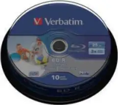 DVD Blu-Ray Verbatim BD-R 2×, 25GB, 10 Pack Spindle PRINTABLE (Single Layer)