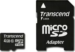 Micro SDHC 4GB Class 10 TRANSCEND, Plastic with SDHC adapter