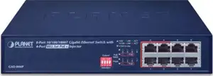 Planet GSD-804P, 8-Port Gigabit 10 100 1000 Mbps with 4-Port PoE Ethernet Switch. Half of the 10 100Mbps TP ports of FSD-804P provide PoE power injector function which is able to drive 4 IEEE 802.3af