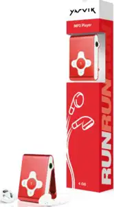 Sweex PMP032, Yarvik Run MP3 Player 4 GB Red, output power 600 mV RMS, Audio formats MP3, WMA, OGG, Interface USB 2.0, Battery recharge time 2.5h, Playback time 5h