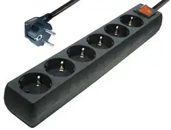 Transmedia NV3, 6-way power strip with Switch, illuminated 1,4 m cord, H05V V-F 3x 1,5 mm2 sockets 45deg rotated black with child protection