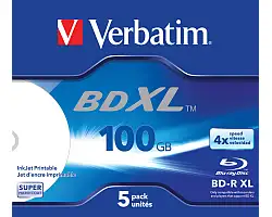DVD Blu-Ray Verbatim BD-R DL XL 4× 100GB Wide White Inkjet Printable Hard Coat Surface 5 pack JC (Double Layer)