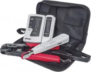 INTELLINET 4-Piece Network Tool Kit, 4-in-1 RJ11/RJ45/USB/BNC Tool Network Kit Composed of LAN Tester, LSA punch down tool, Crimping Tool and Cut and Stripping tool