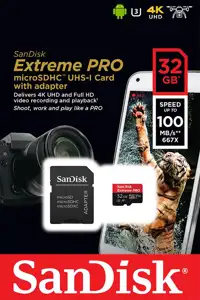 Memorijska kartica SanDisk 32GB Extreme Pro microSDHC + SD Adapter + Rescue Pro Deluxe 100MB/s A1 C10 V30 UHS-I U3, SDSQXCG-032G-GN6MA