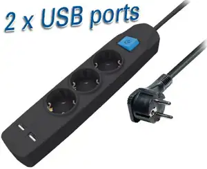Transmedia NV56-5 3-way power strip with two USB charging ports, 5m black