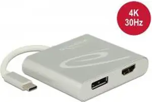 Razdjelnik DELOCK, USB-C (M) na HDMI (Ž) i DP (Ž), 4K 30 Hz, bijeli
