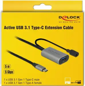 Adapter DELOCK, USB-C (M) na USB 3.1 (Ž), aktivni, sivi, 5.0m