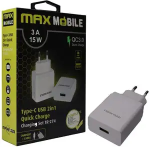 MAXMOBILE KUĆNI PUNJAČ SET 2U1 QC 3.0 QUICK CHARGE USB+ TYPE C, 3A,15W bijeli