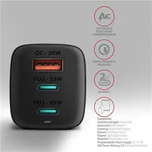 AXAGON ACU-DPQ65 zidni punjač 1xUSB-A QC4, 2xUSB-C PD 33/65W, crni