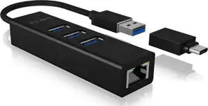 HUB 3Port ICY BOX 1xUSB-C Adapter 1xGigabit LAN Ethernet passiv Black