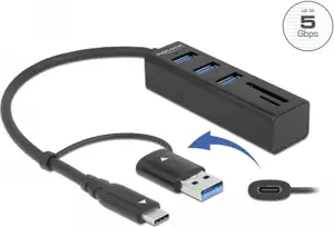 USB HUB DELOCK USB3.2/USB-C, 3-potrni USB 3.2, Micro/SD čitač kartica, crni