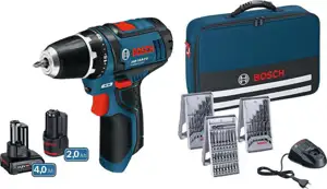 Bosch Professional GSR 12V-15 Set 1x 4Ah Akku, 1x 2Ah Akku, Tasche, 39-tlg Zubehör-Set