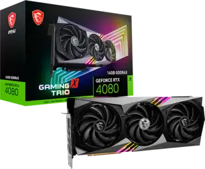 MSI Video Card NVidia RTX 4080 16GB GAMING X TRIO (16GB GDDR6X/256bit. PCI-E Gen4, 3x DP, 1x HDMI, 1x 16-pin Power Connector, 850W recommended PSU, Retail, ATX)