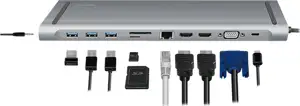 LogiLink Dockingstation USB-C Eigang 11Port 3xUSB3.2 USB-C 2xHDMI VGA AUX RJ45 Silver