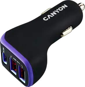 CANYON C-08, Universal 3xUSB car adapter, Input 12V-24V, Output DC USB-A 5V/2.4A(Max) + Type-C PD 18W, with Smart IC, Black+Purple with rubber coating, 71*39*26.2mm, 0.028kg