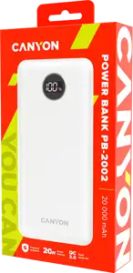CANYON PB-2002 Power bank 20000mAh Li-poly battery, Input Type-C 5V3A,9V2A,18W , Output Type-C:5V3A,9V2.2A,12V1.5A,20W, Output USBA1/USBA2:5V3A,5V/4.5A,4.5V/5A,9V2A,12V1.5A,22.5W147.5*69*28.6mm, 0.4