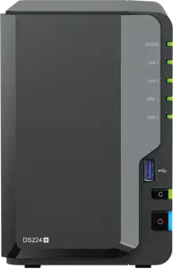 Synology DS224+,Tower, 2-bays 3.5'' SATA HDD/SSD, CPU Intel Celeron J4125 4-core (4-thread) 2.0 GHz, burst up to 2.7 GHz; 2GB DDR4 (expandable up to 6 GB) ; 2 x RJ-45 1GbE LAN Ports; 2x USB 3.2 Gen 1;