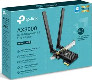 AX3000 Dual Band Wi-Fi 6 Bluetooth PCI Express AdapterSPEED: 2402 Mbps at 5 GHz + 574 Mbps at 2.4 GHzSPEC: 2× High Gain External AntennasFEATURE: MU-MIMO, OFDMA, 1024 QAM, HE160, WPA3, Bluetooth 5.2