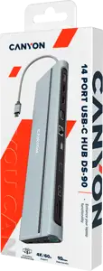 CANYON DS-90, 14 in 1 hub, with Type C female *2,Type C male *1:max 10Gbps,USBA*3:max 10Gbps,DP*1,VGA*1,SD card slot*1,TF card slot*1,Audio 3.5 audio*1,HDMI*2,RJ45*1,cable length 0.20m,Aluminum alloy 