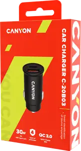 CANYON ?-20B03, PD 30W/QC3.0 18W Pocket size car charger with 1-USB A+ 1-USB-C Input: DC12V-24V, Output: USBC: PD30W( 5V3A/9V3A/12V2.5A/15V2A/20V1.5A),USB-A:QC3.0 18W (5V3A