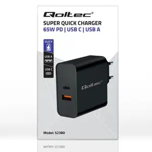 Qoltec 52380 Super Quick PD Charger | 1xUSB-C | 1xUSB | 65W | 5-20V | 1.5-3.25A | Black