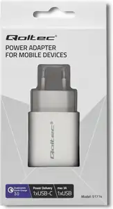 Qoltec 51714 Charger | 18W | 5-12V | 1.5-3A | USB type C PD | USB QC 3.0 | White