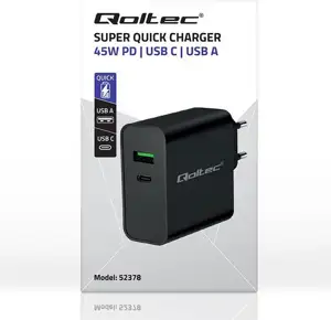 Qoltec 52378 Super Quick PD Charger | 1xUSB-C | 1xUSB | 45W | 5-20V | 2.25-3A | Black