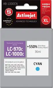 Activejet AB-1000CN Ink cartridge (replacement for Brother LC1000C/970C; Supreme; 36 ml; cyan). Prints 550% more.