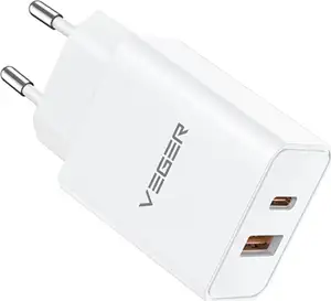 VEGER VLS302U 2-port charger, USB-A/USB-C, QC3.0/PD3.0, white.