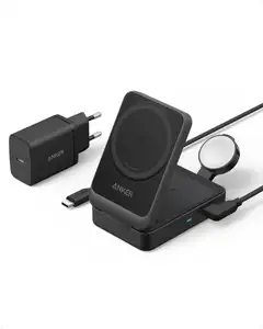 ANKER MAGGO MAGNETIC WIRELESS CHARGER 15W, FOLDABLE 3-IN-1 WITH CHARGER BUNDLE, EU PLUG: CRNA-PUNJAČ
