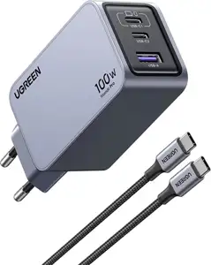 Kućni punjač UGREEN Nexode Pro, 100W, 2x USB-C, USB-A, USB-C kabel, GaN, sivi