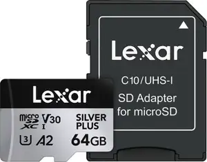 Micro SDXC card Lexar Professional SILVER Plus, 64GB, 205MB/s, U3, V30, A2, UHS-I, w/adapter