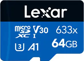 Micro SDXC card Lexar High-Performance 633x, 64GB, 100MB/s, U3, V30, A1, UHS-I