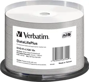 DVD-R Verbatim 4.7GB 16× Wide PRINTABLE (No ID) 50 pack spindle