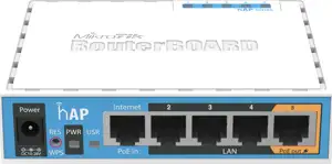 Mikrotik RB951Ui-2nD hAP, 650MHz CPU, 64MB RAM, 5×LAN, 2.4Ghz 802.11b/g/n, integrirana antena, USB, RouterOS L4, plastično kućište, PSU
