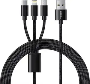 VEGER V303 braided cable 3-in-1 USB-A to USB-C/Lightning/MicroUSB, 1.2m, black.