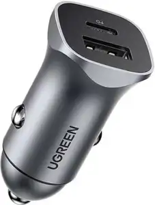 UGREEN auto punjač 30W, USB-C+USB-A, PD3.0/QC3.0, sivi