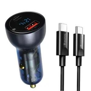 Punjač Baseus Particular Digital Display s ekranom, USB + USB-C, QC3.0 + PD, 5A, 65W sivi + kabel USB-C 1m 100W crni
