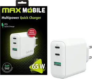 MAXMOBILE KUĆNI PUNJAČ PD SUPER FAST CHARGE Duo TypeC+USB-A,3UTR2076-QP,GaN 65W