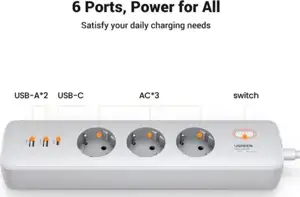 UGREEN CD286 naponska letva s prekidačem, 3x ŠUKO utičnica, Power Delivery USB-C, 2x USB-A, 2m, bijeli