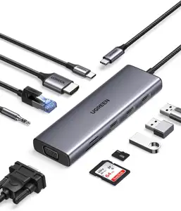 UGREEN 10-portni USB-C HUB 3×USB-A 3.0, 1xUSB- C PD, VGA, HDMI, 1xG-LAN, 1xSD, 1xTF, 3.5mm, sivi