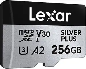 Micro SDXC card Lexar Professional SILVER Plus, 256GB, 205MB/s, U3, V30, A2, UHS-I, w/adapter