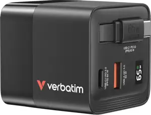 Verbatim GaN zidni punjač 65W, USB-C kabel na izvlačenje + 1×USB-A + 1×USB-C
