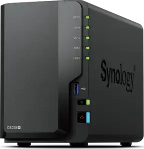 Synology DS225+, Tower, 2-bays 3.5'' SATA HDD/SSD, CPU Inte Celeron J4125 4-core (4-thread) 2.0 GHz, burst up to 2.7 GHz, 2 GB DDR4 non-ECC (expandable up to 6 GB), 1xRJ-45 1GbE LAN, 1xRJ-45 2.5 GbE L