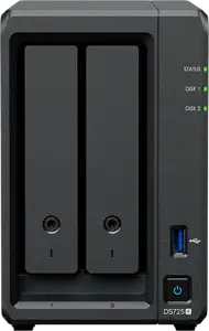 Synology DS725+, Tower, 2-Bays 3.5'' SATA HDD/SSD, 2 x M.2 2280 NVMe SSD, CPU AMD Ryzen R1600 dual-core (4-thread), max. boost up to 3.1 GHz, 4 GB DDR4 ECC SODIMM, 1 x 2.5 GbE, 1 x 1GbE, 1 x USB 3.2,