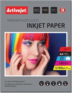 Activejet AP4-180G20 glossy photo paper; for ink printers; A4; 20 pcs