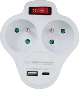 Esperanza ELK311W Electrical splitter 2 GN. USB-C USB-A ON. White
