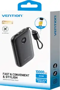 Vention 10000mAh Powerbank 2xUSB-C 1xUSB-A 22.5W, black