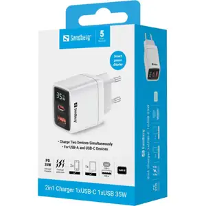 Sandberg 2in1 Charger 1xUSB-C 1xUSB-A PD 35W smart charger